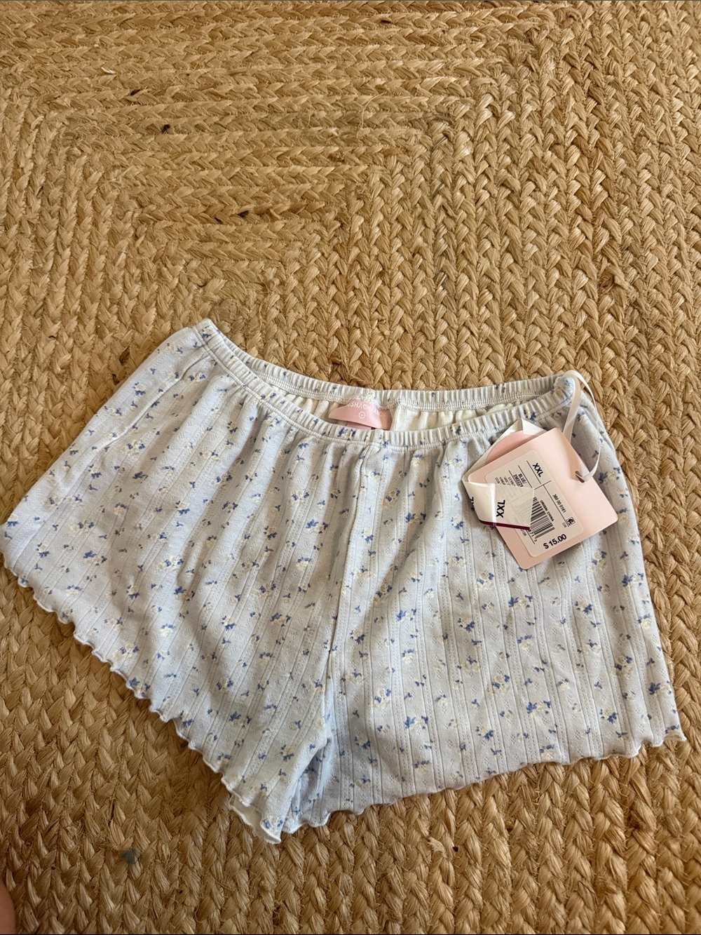 Girls Light Blue Floral Ribbed Lounge Shorts